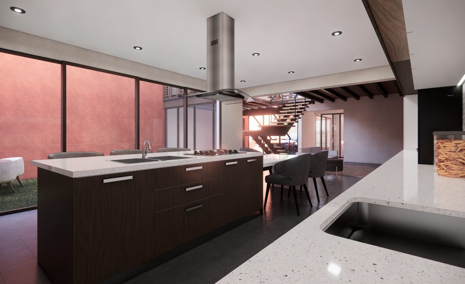 Casa Bellavista, cocina y estar en planta libre hacia el patio