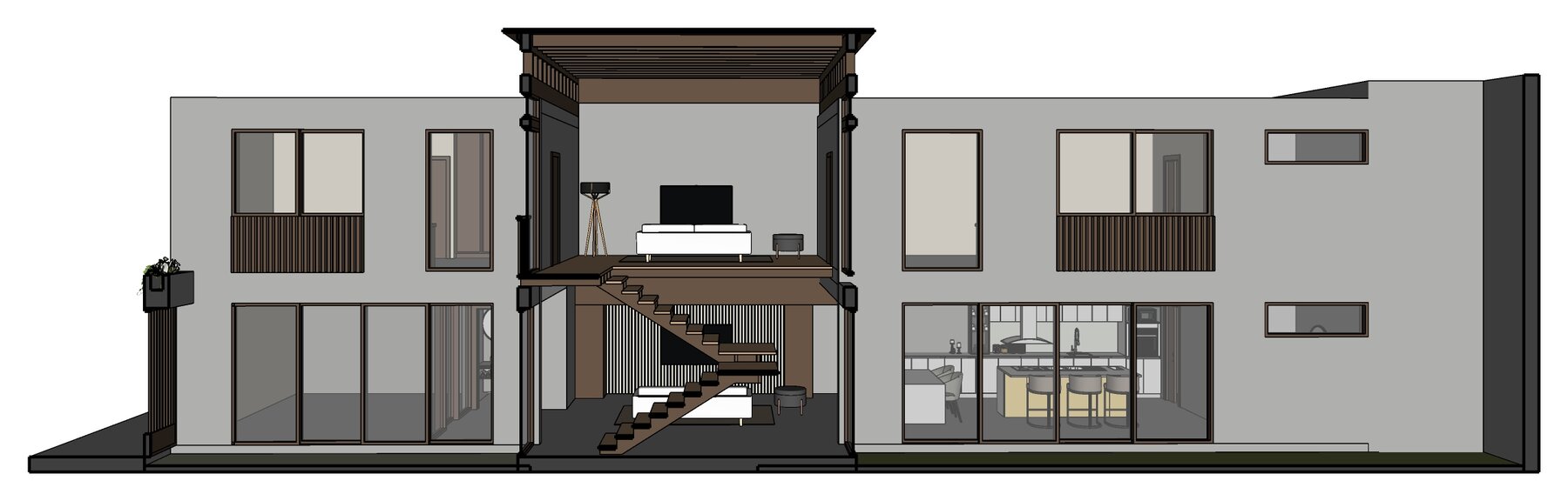 Casa Bellavista, corte longitudinal por la doble altura, la escalera y el volumen superior