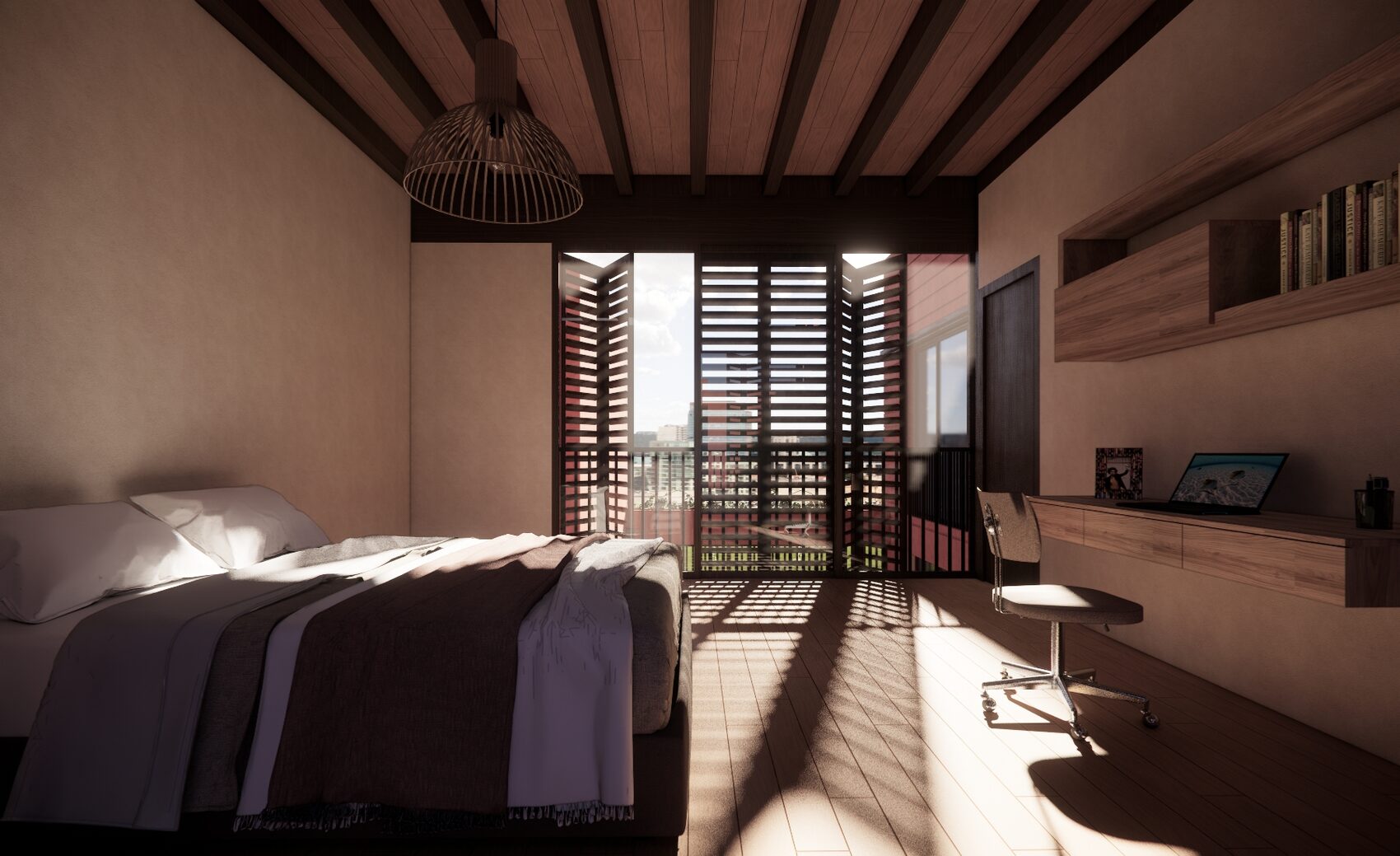 Casa Bellavista, dormitorio principal con luz filtrada por la celosía de madera
