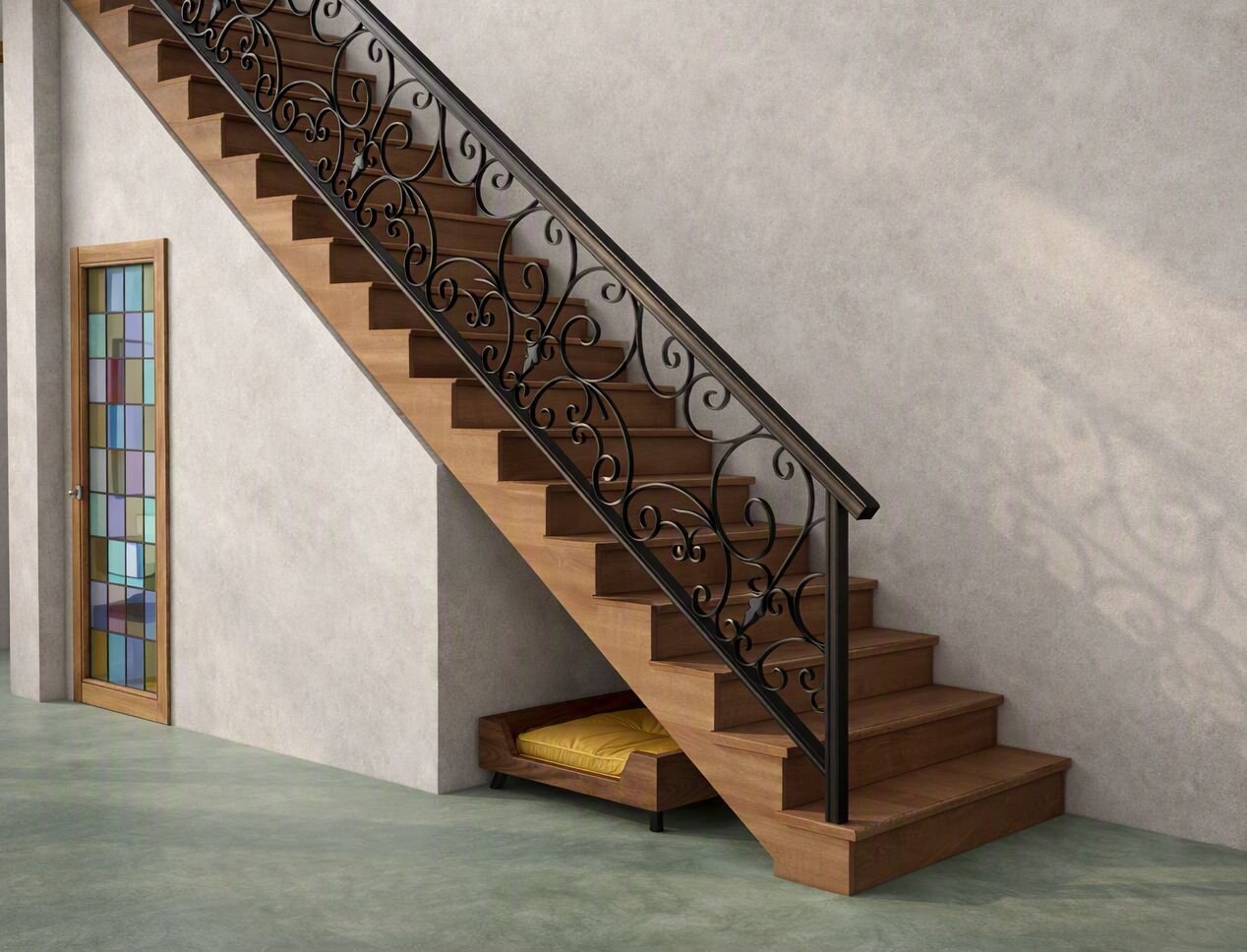 Restauración Patrimonial, escalera con baranda de fierro forjado y vitral