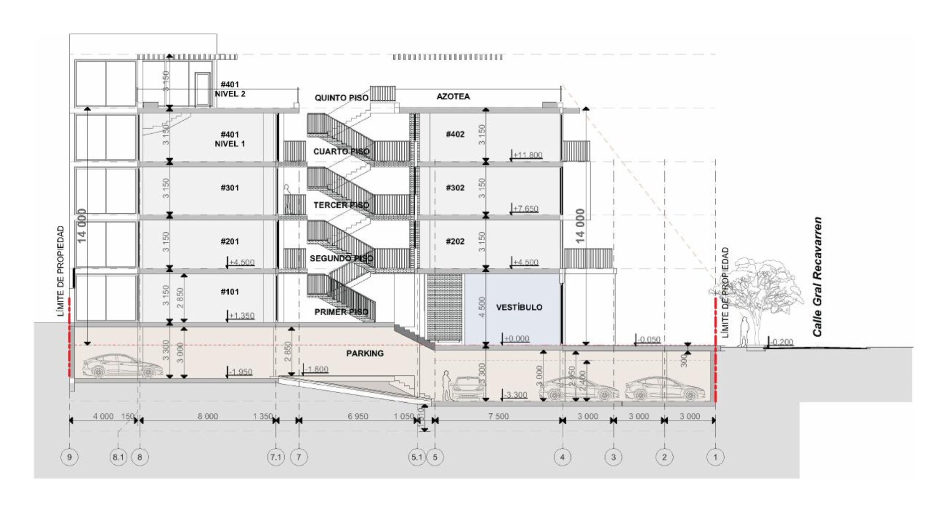 Residencia Recavarren, corte longitudinal por las viviendas y el estacionamiento